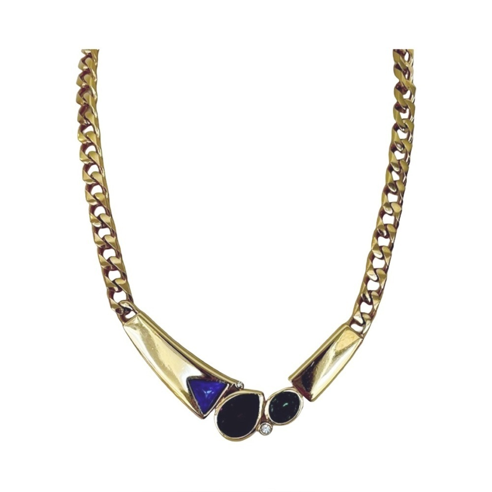 Vintage Crown Trifari Necklace in Gold Tone with Colored Stones